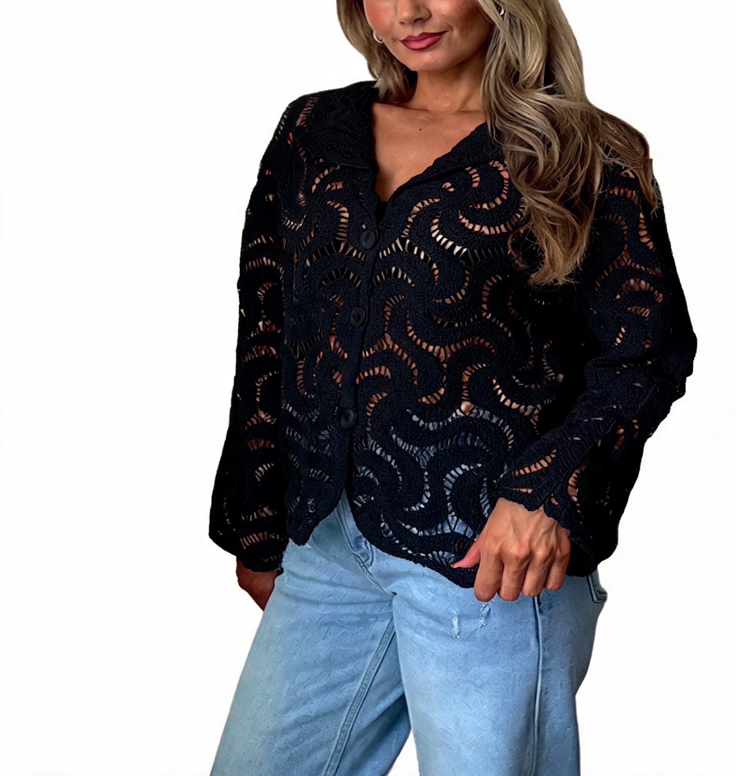 Crochet Swirl Lace Button-Up Top -Black