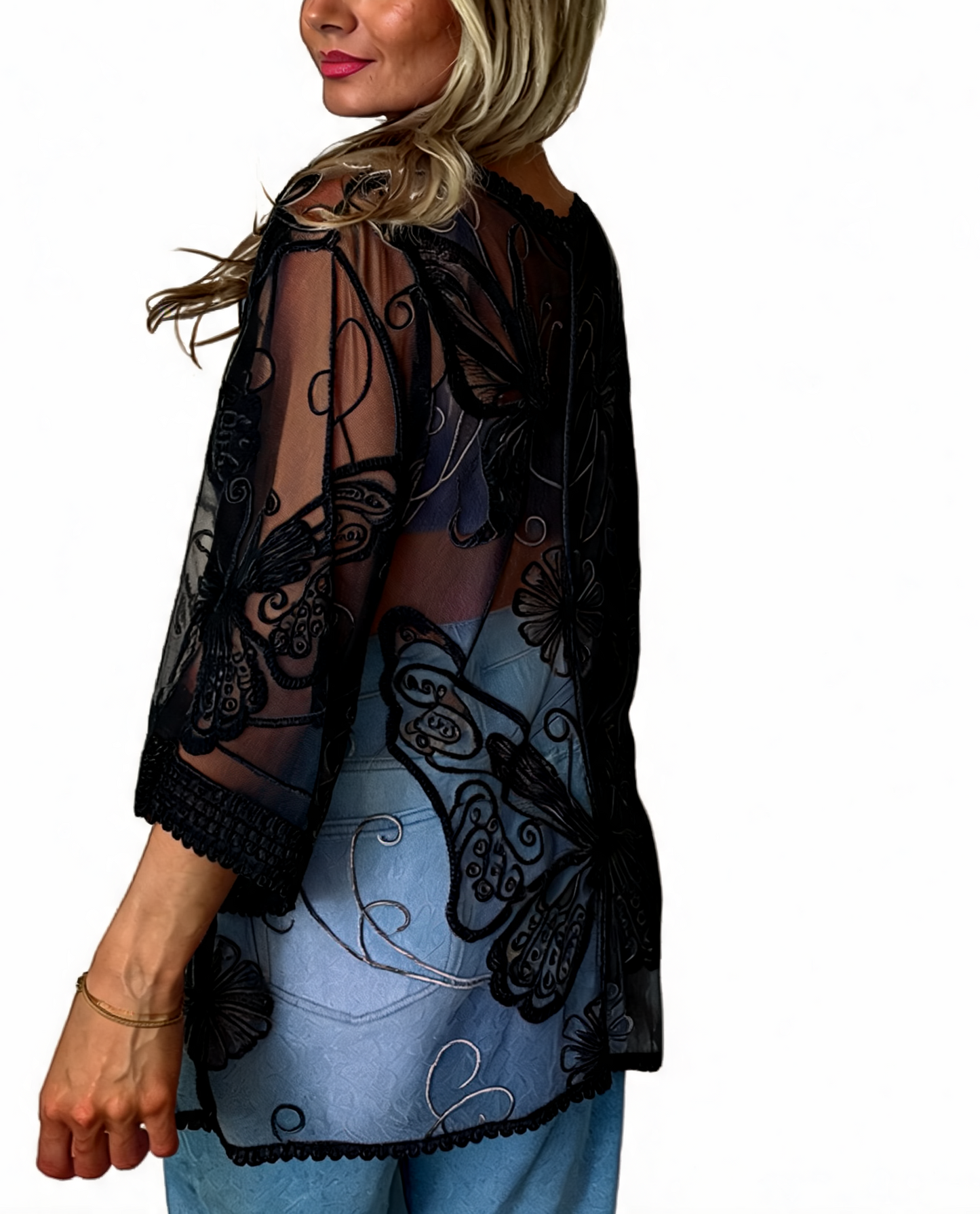 Sheer Mesh Butterfly Embroidered Kimono Cover-Up - Black