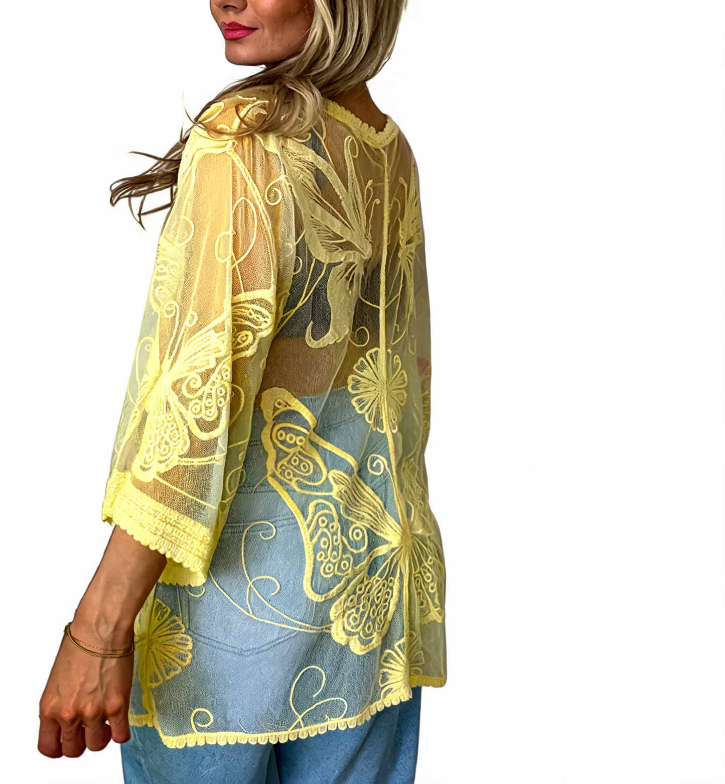 Sheer Mesh Butterfly Embroidered Kimono Cover-Up - Lemon