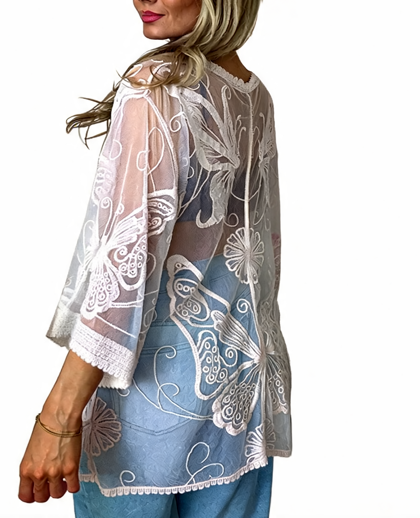 Sheer Mesh Butterfly Embroidered Kimono Cover-Up - White