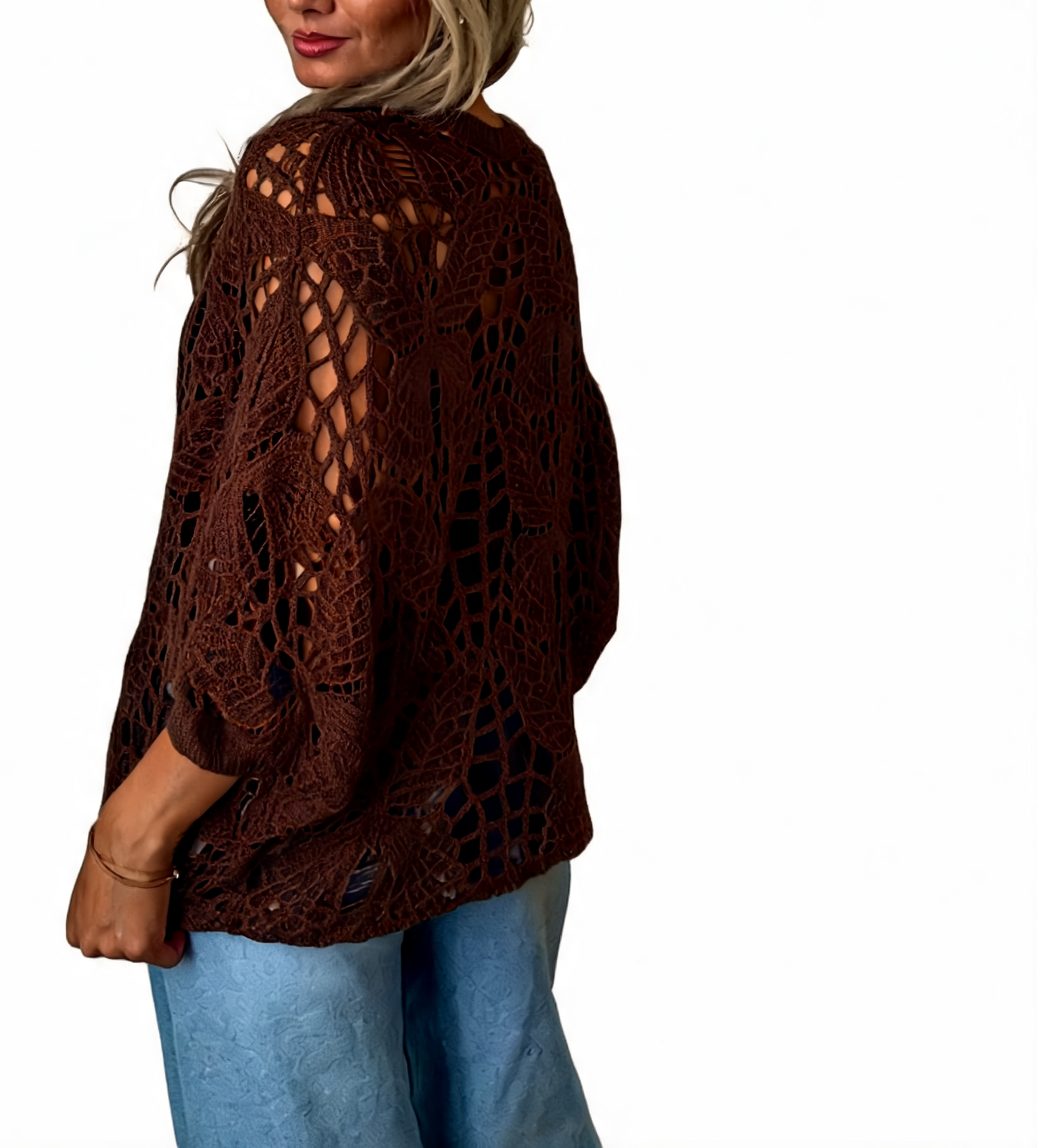 Crochet Butterfly Cutout Cropped Cardigan Top - Mocha