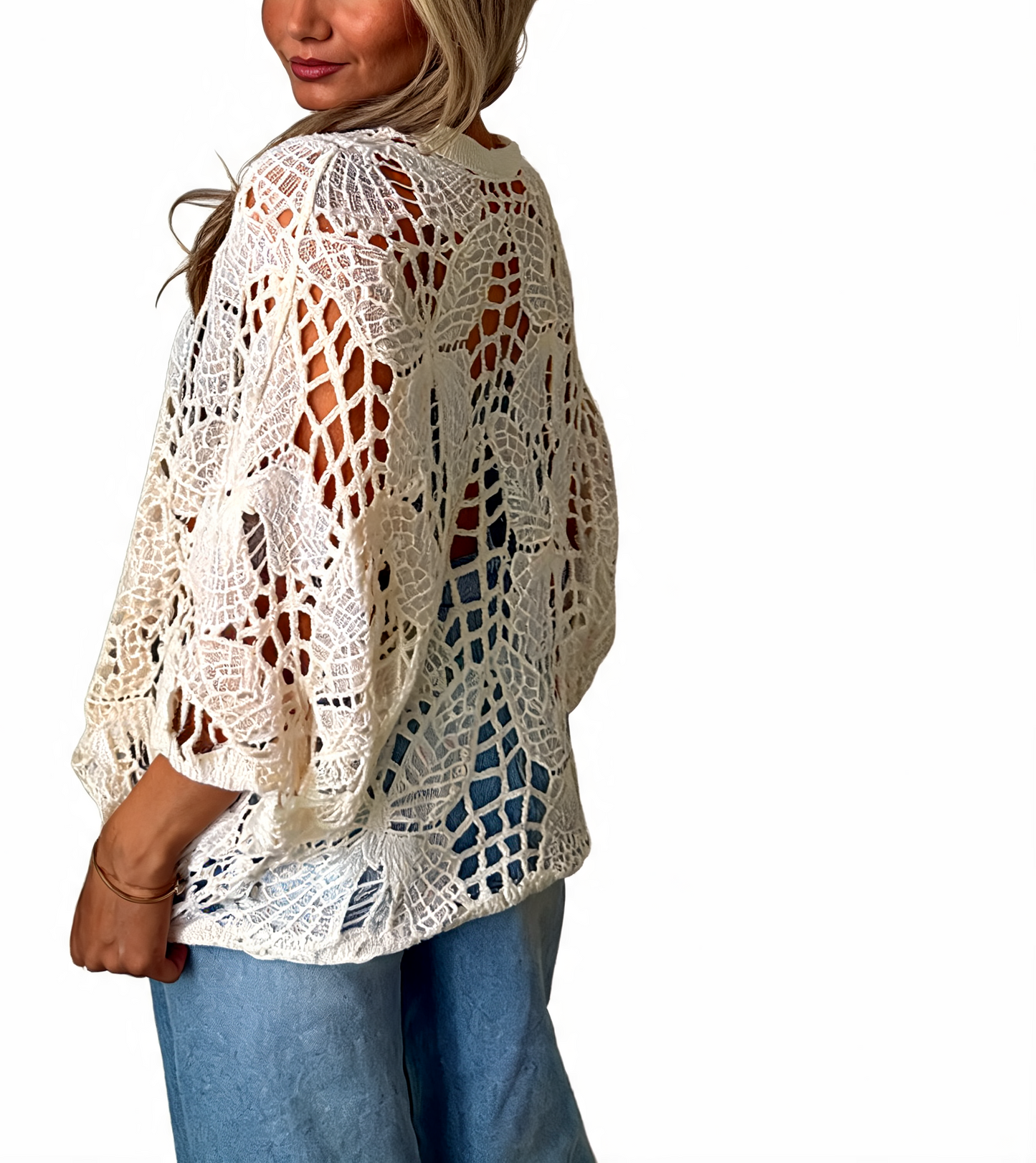 Crochet Butterfly Cutout Cropped Cardigan Top - Beige
