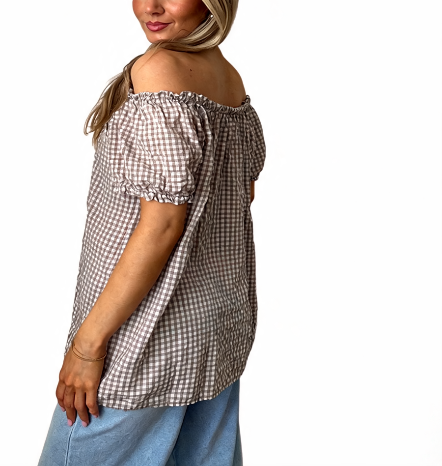 Gingham Off-the-Shoulder Puff Sleeve Top - Mocha