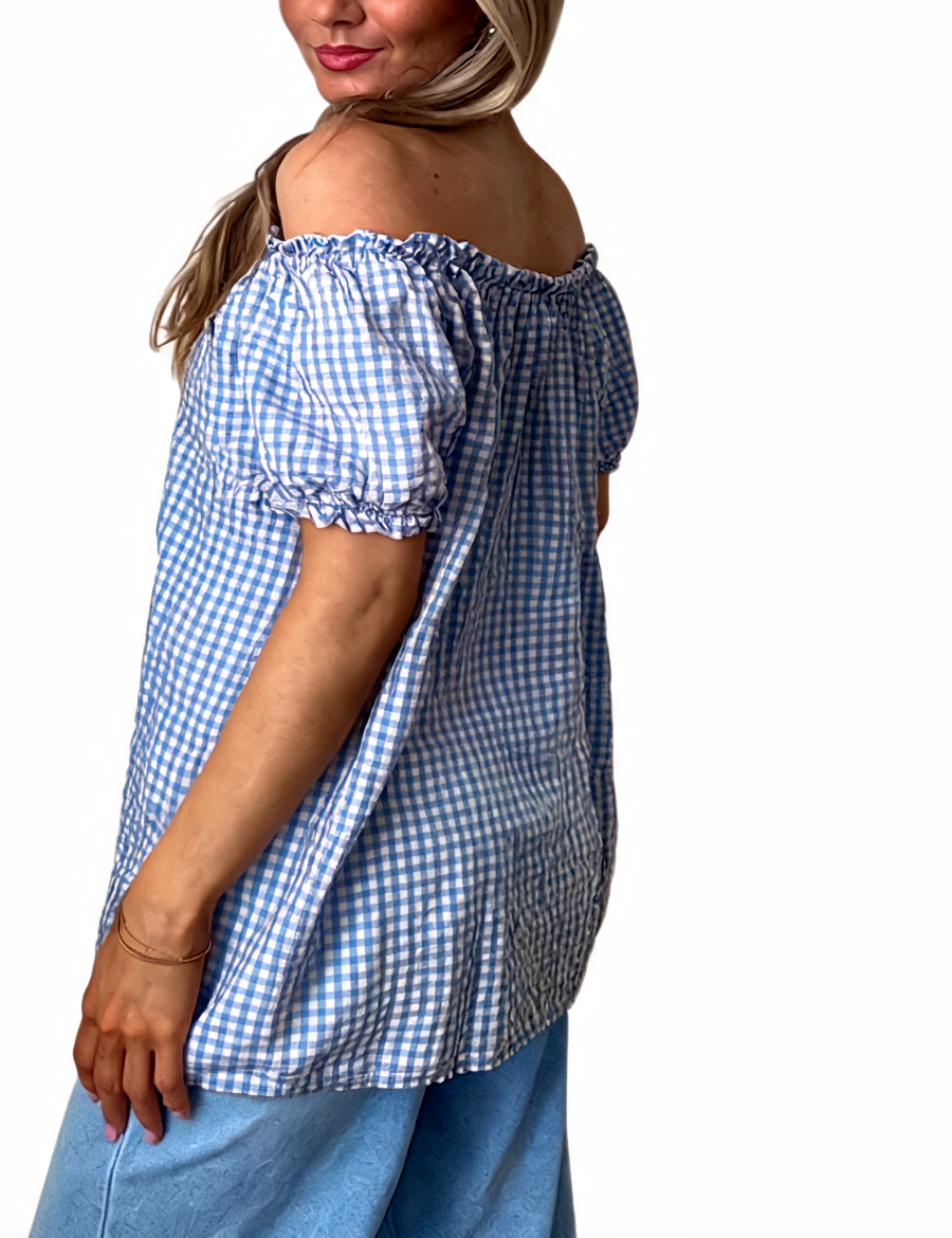 Gingham Off-the-Shoulder Puff Sleeve Top - Denim