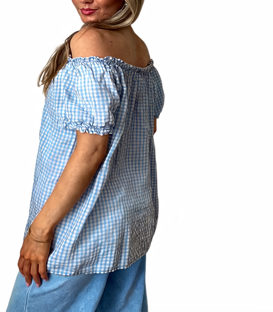Gingham Off-the-Shoulder Puff Sleeve Top - Sky Blue