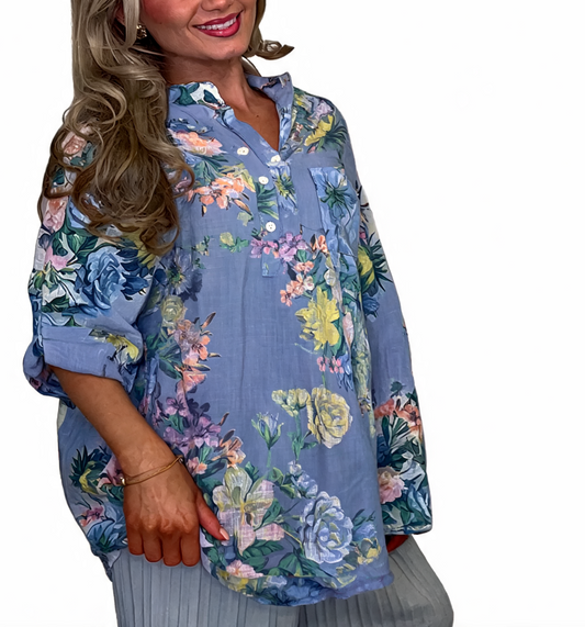 Floral Print Roll-Tab Sleeve Blouse - Denim