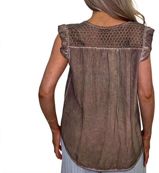 Mineral Wash Tie-Front Crochet Yoke Sleeveless Blouse - Chocolate