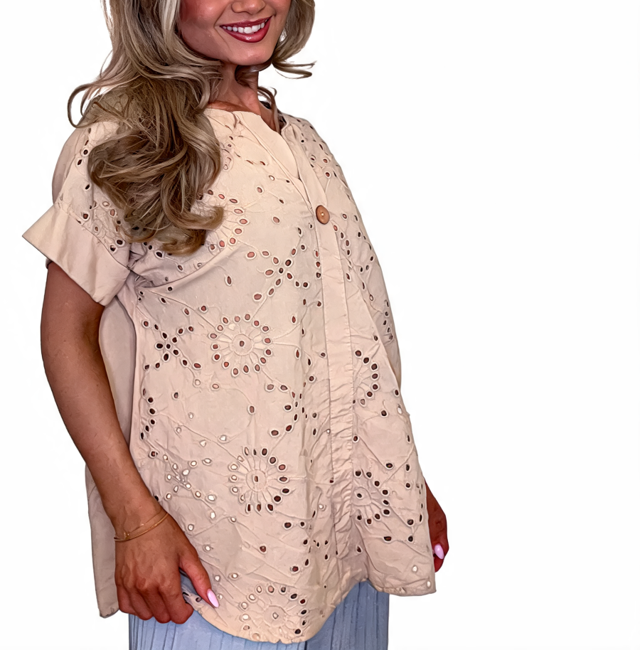 Eyelet Embroidered Tunic Relaxed Fit Short Sleeve Top - Beige