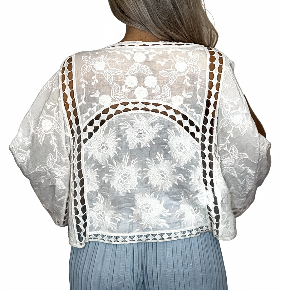White crochet lace tie-front cropped kimono sleeve cardigan, back view