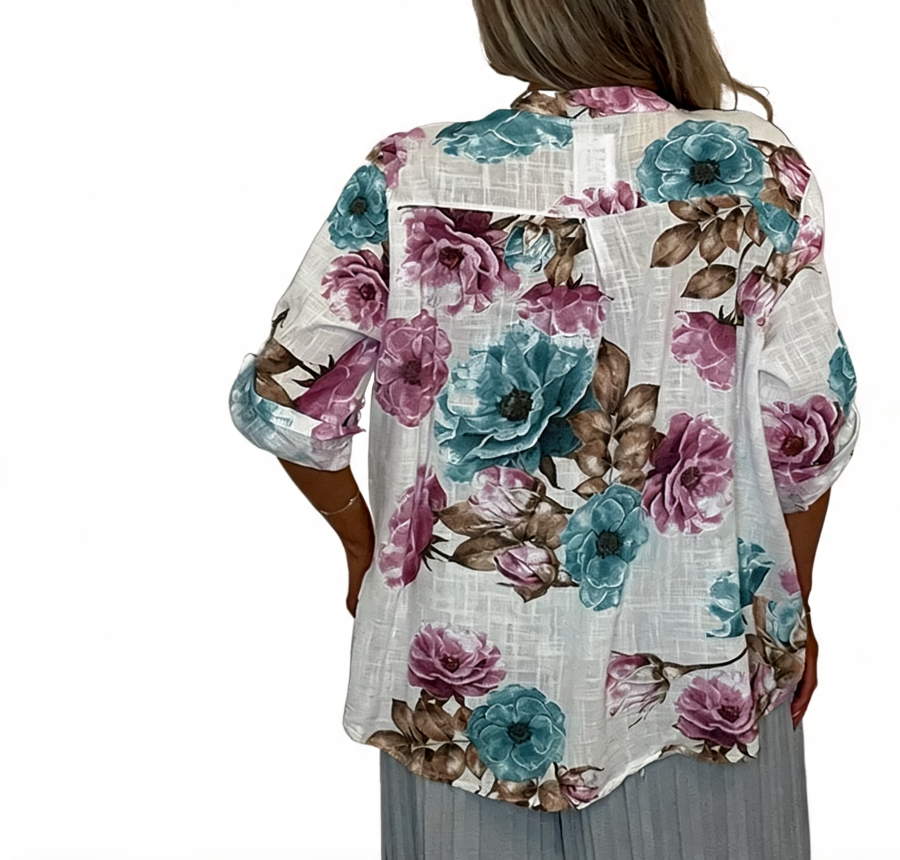 Boho Floral Print Tunic Relaxed Fit Roll-Sleeve Top - White
