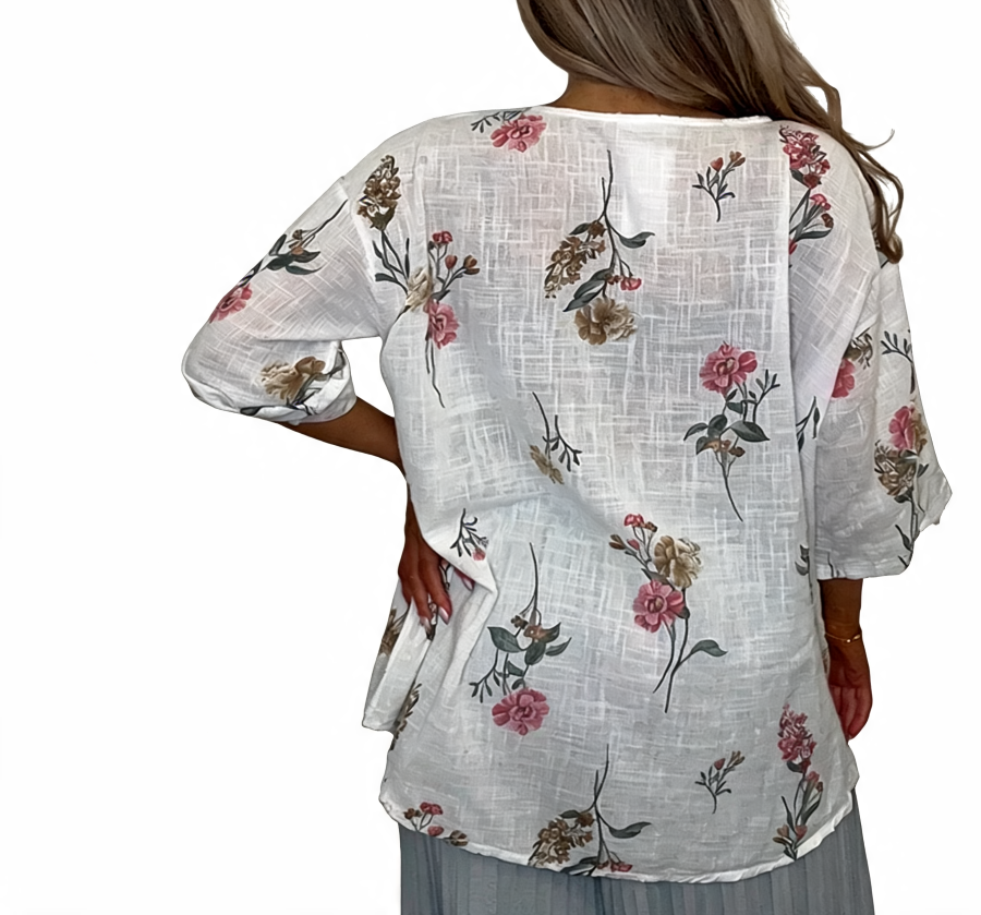 Floral Print Linen-Look Tunic V-Neck Button Front Roll-Sleeve Blouse - White