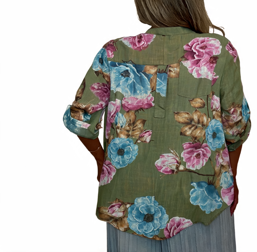 Boho Floral Print Tunic Relaxed Fit Roll-Sleeve Top - Khaki
