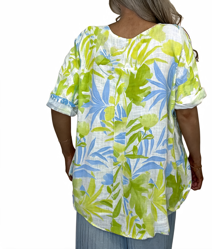 Tropical Leaf Print Tunic Relaxed Fit Roll-Sleeve Top - White / Lime