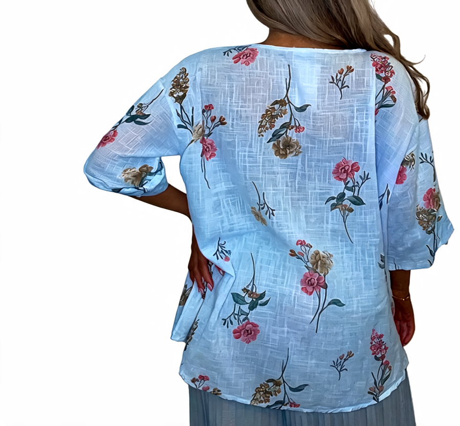 Floral Print Linen-Look Tunic V-Neck Button Front Roll-Sleeve Blouse - Sky Blue