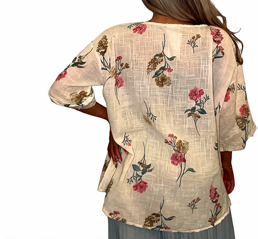 Floral Print Linen-Look Tunic V-Neck Button Front Roll-Sleeve Blouse - Beige
