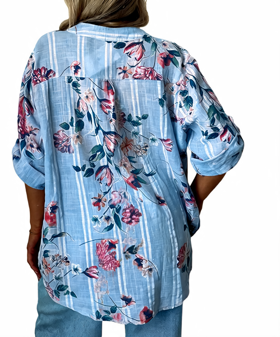 Floral Print Oversized Button-Up Tunic Top - Sky Blue