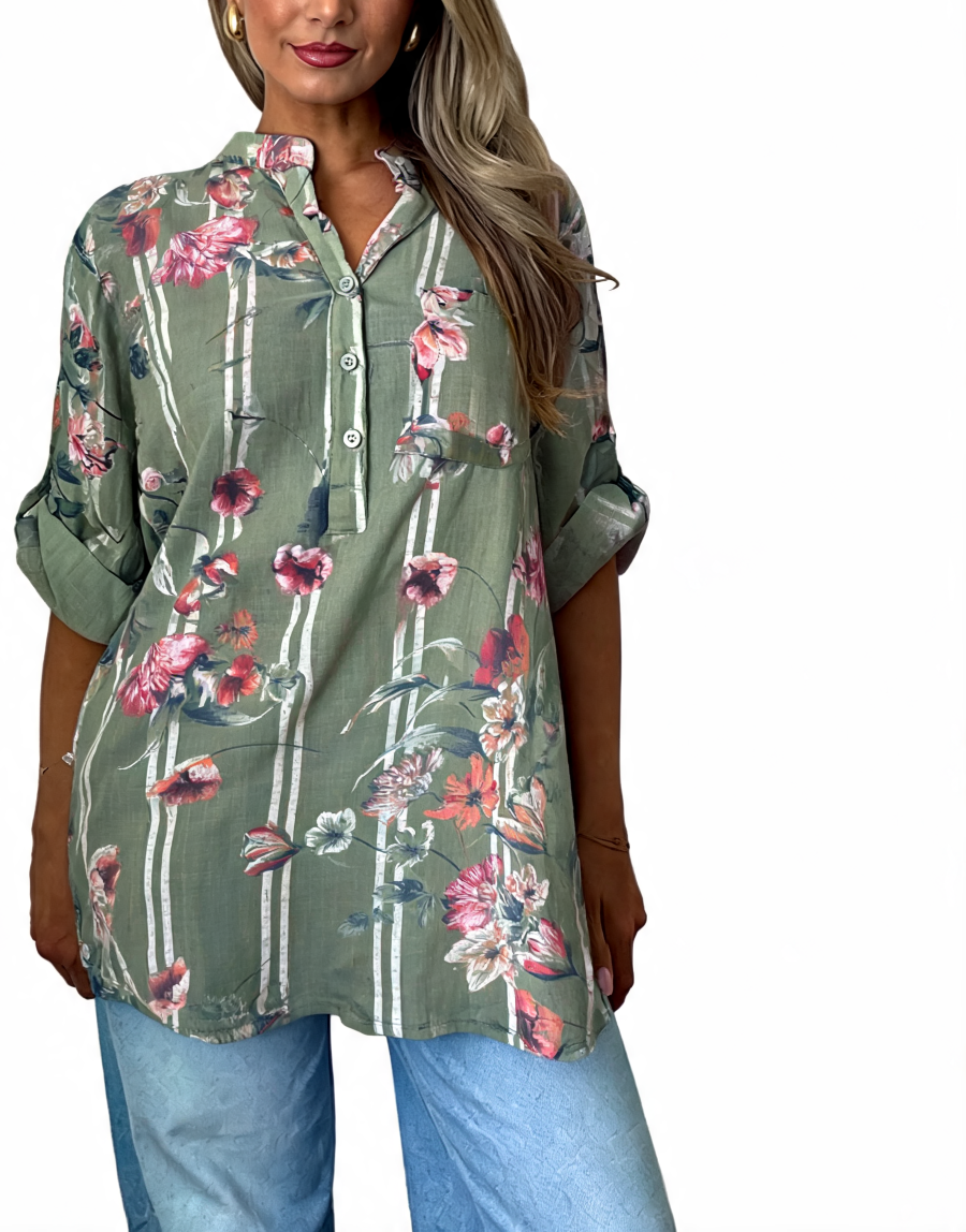 Floral button-up tunic top, green with pink floral and bird print, front buttons
