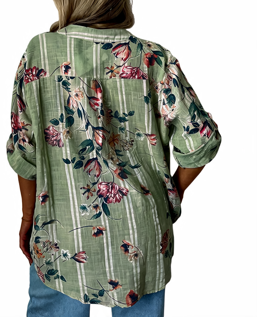 Floral Print Oversized Button-Up Tunic Top - Khaki