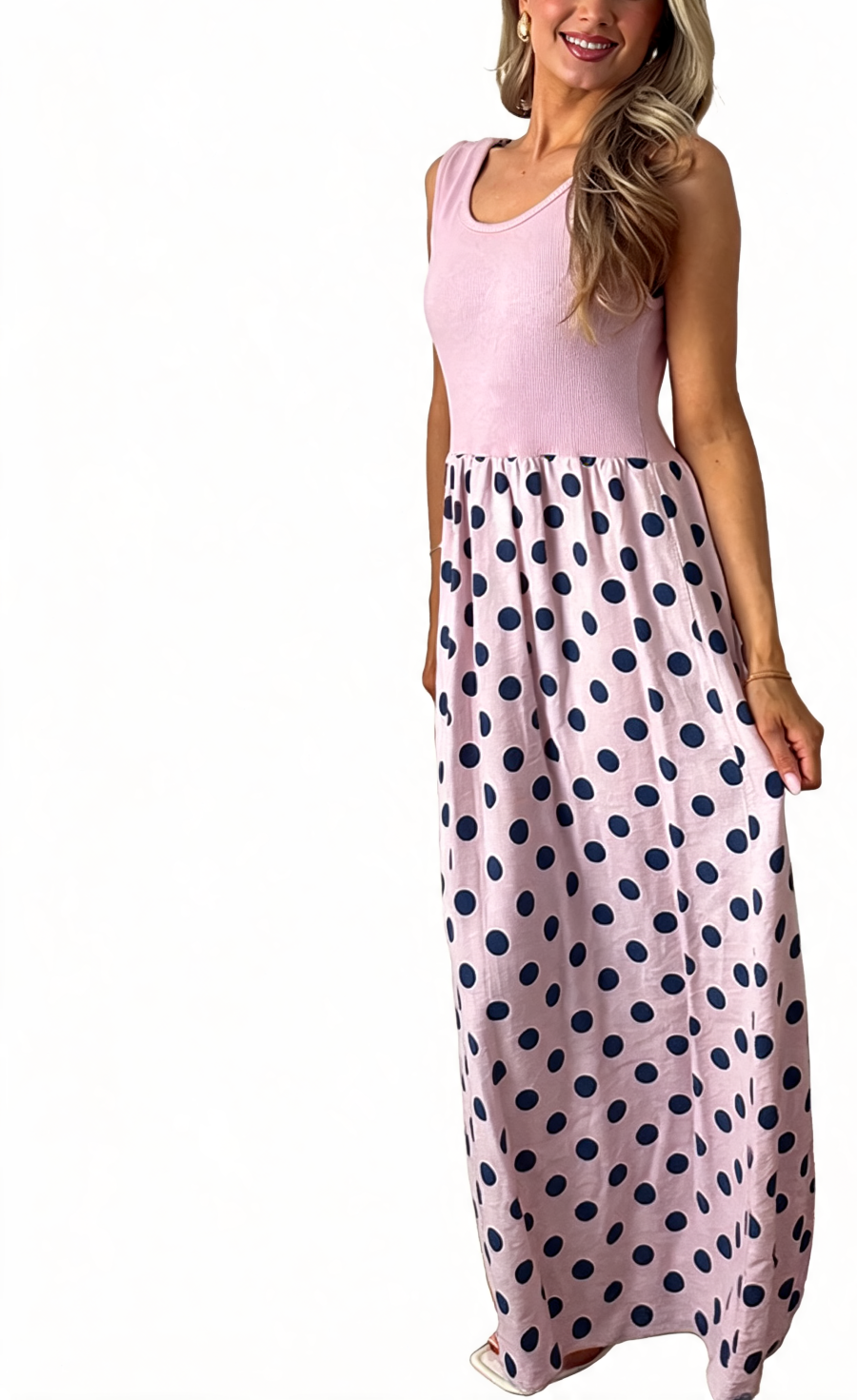 Ribbed Tank Top Polka Dot Contrast Sleeveless Summer Maxi Dress - Pink
