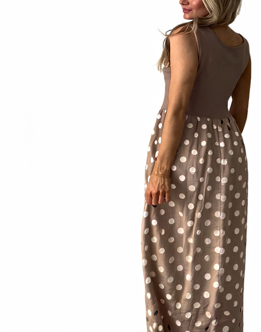 Ribbed Tank Top Polka Dot Contrast Sleeveless Summer Maxi Dress - Mocha