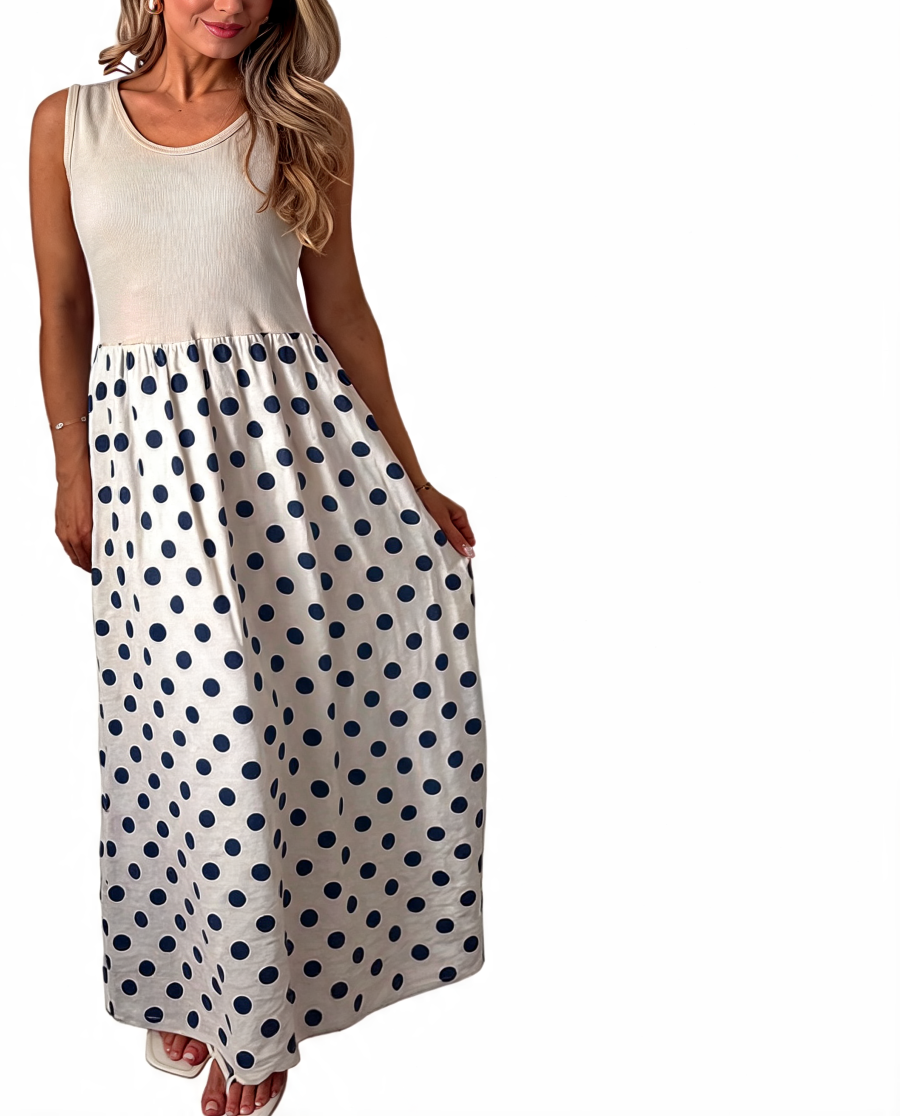 Beige sleeveless maxi dress with navy polka-dot gathered skirt, scoop tank neckline