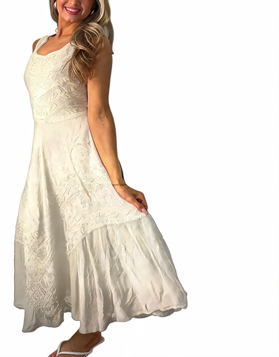 Embroidered Square Neck Midi Sleeveless Tiered Boho Dress - White