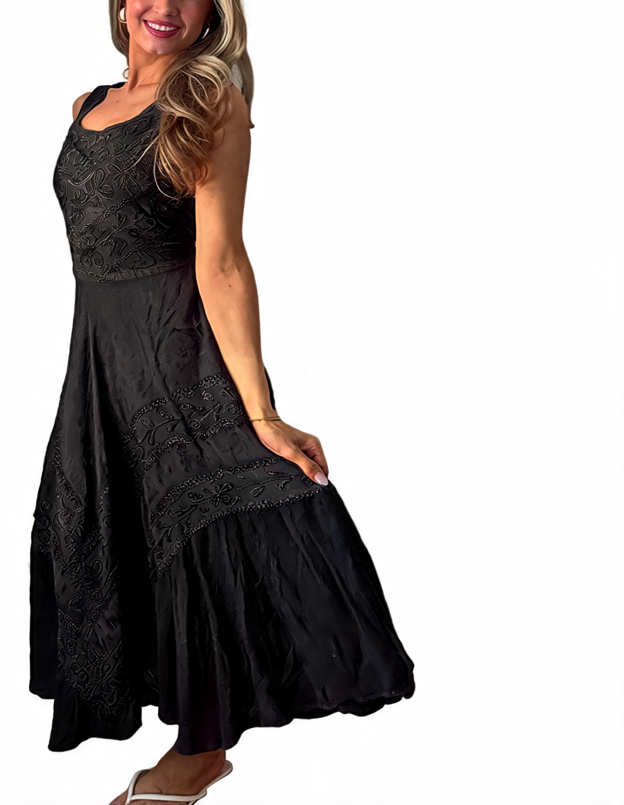 Embroidered Square Neck Midi Sleeveless Tiered Boho Dress - Black