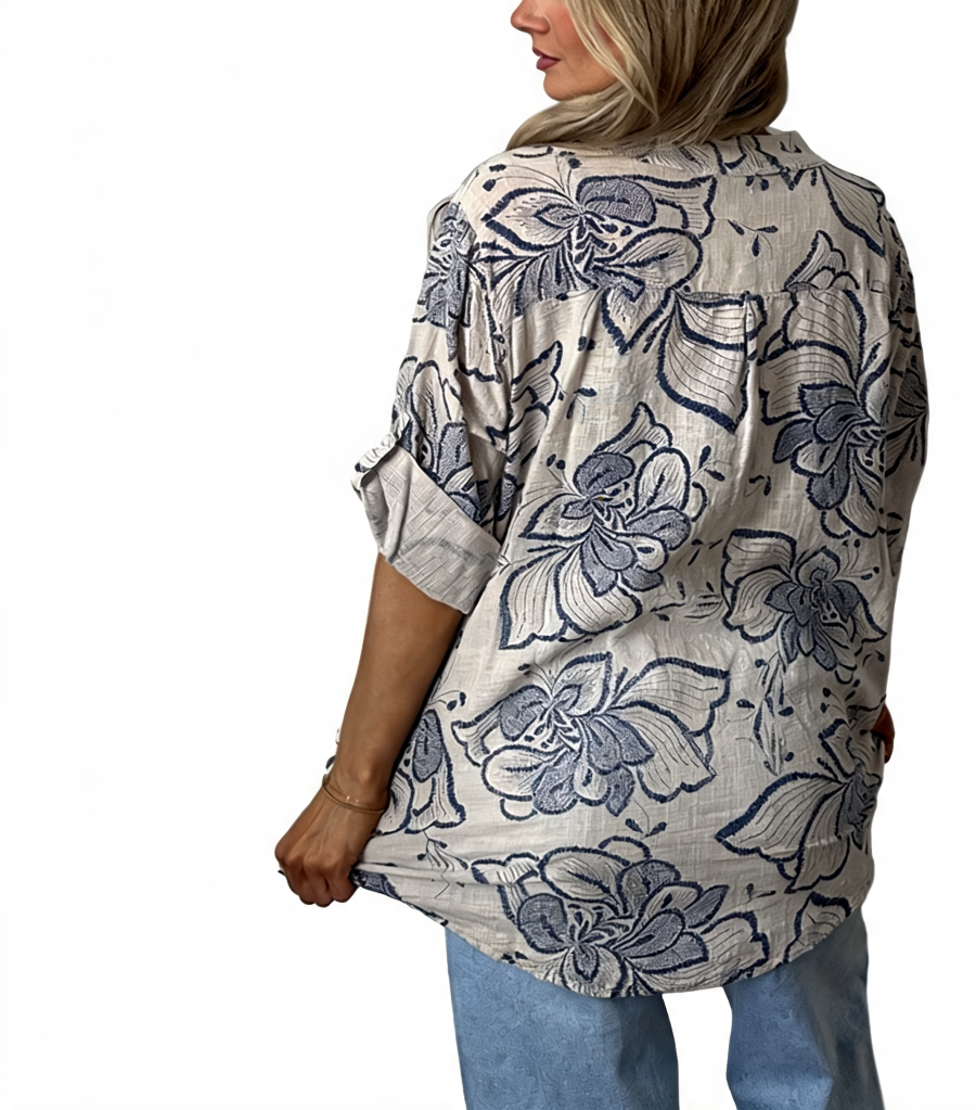 Floral Embroidered Linen Tunic Roll-Sleeve Button-Up Shirt - White