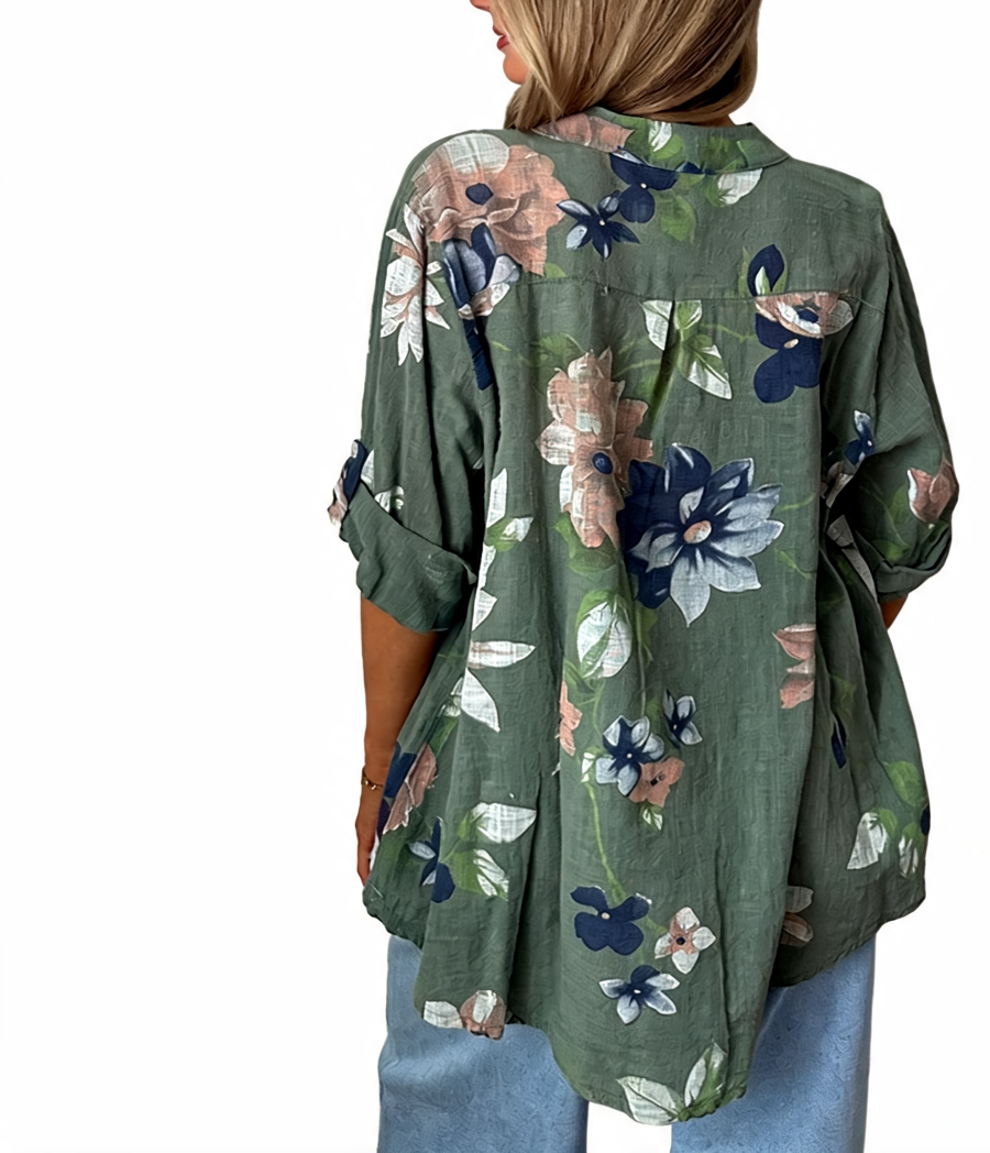Floral Print Roll-Sleeve Button-Up Linen Tunic Shirt - Khaki