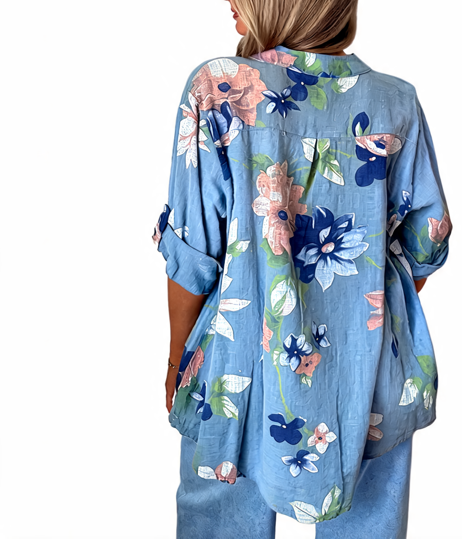 Floral Print Roll-Sleeve Button-Up Linen Tunic Shirt - Sky Blue