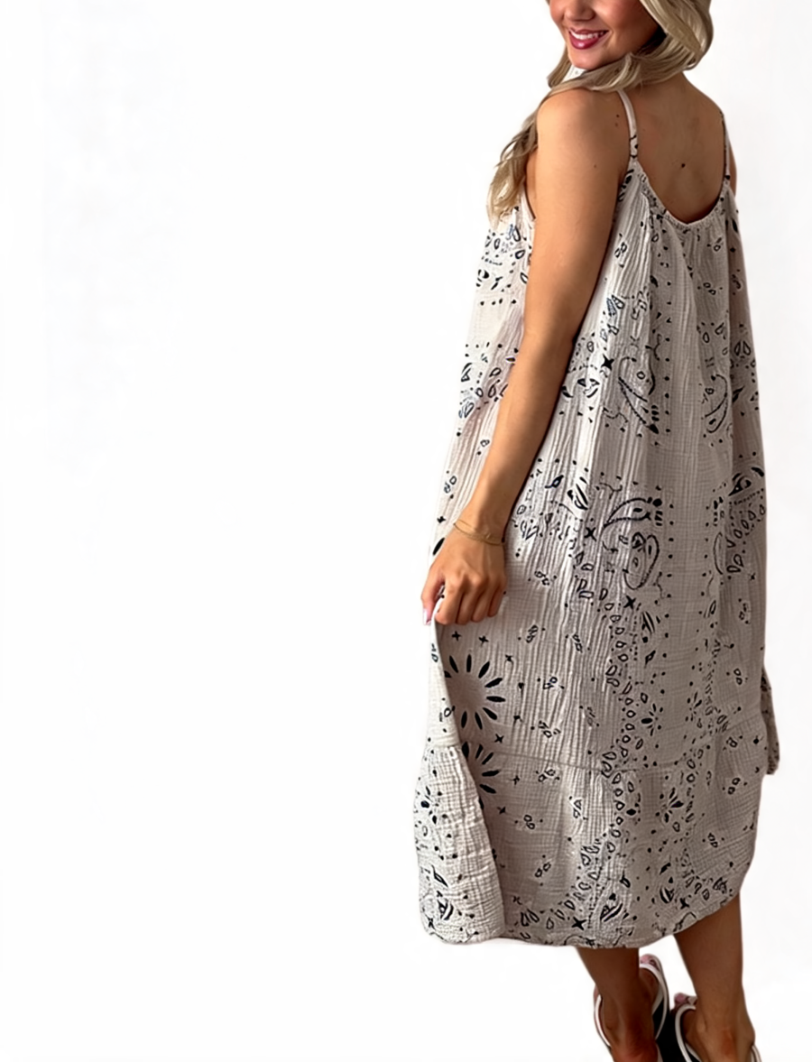 Paisley Print Strappy Tiered Midi Dress - Beige