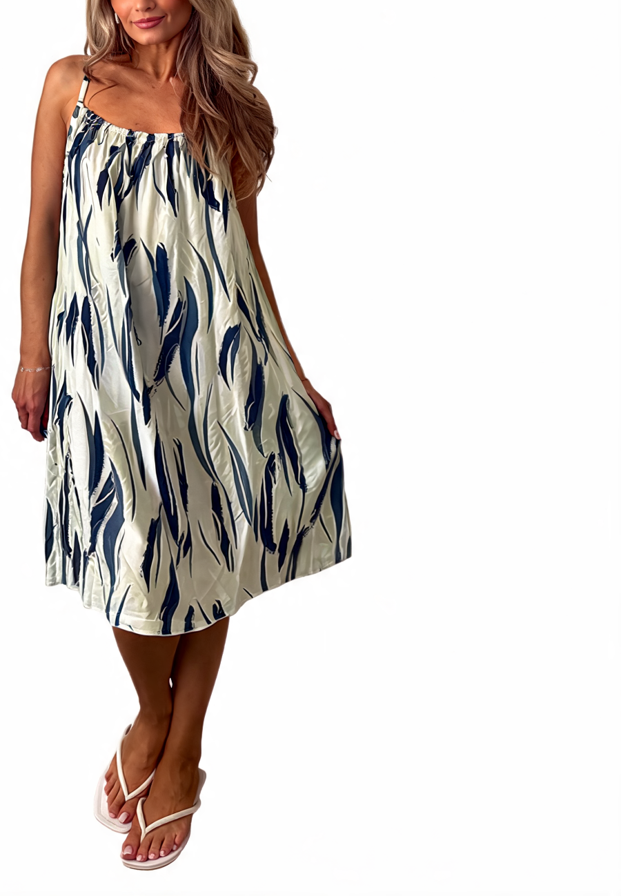 Blue tie-dye midi sundress with spaghetti straps and elastic square neckline
