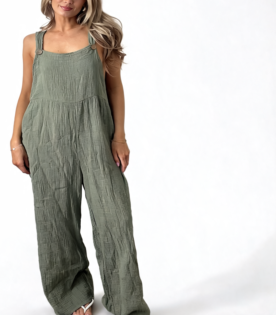 Cotton Gauze Wide Leg Dungaree Jumpsuit - Khaki