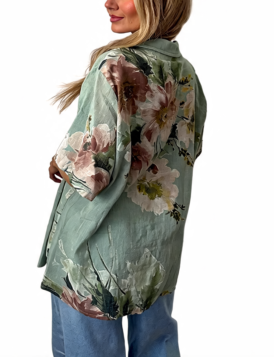 T-shirt met korte mouwen van bloemenkant en botanische print - Marineblauw