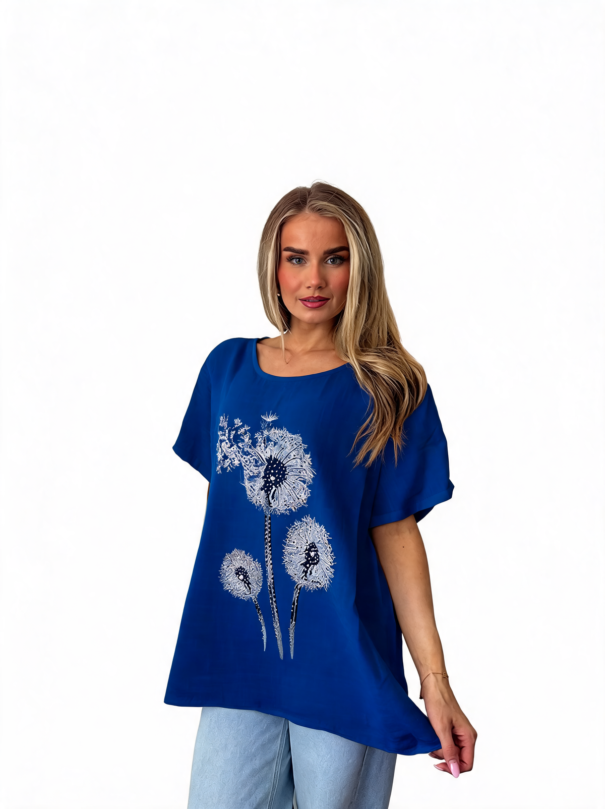 Women's blue short-sleeve dandelion flower print top with crew neckline