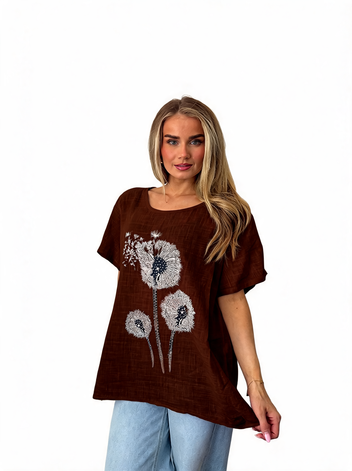 Women’s chocolate-brown short-sleeve dandelion flower top with white graphic print