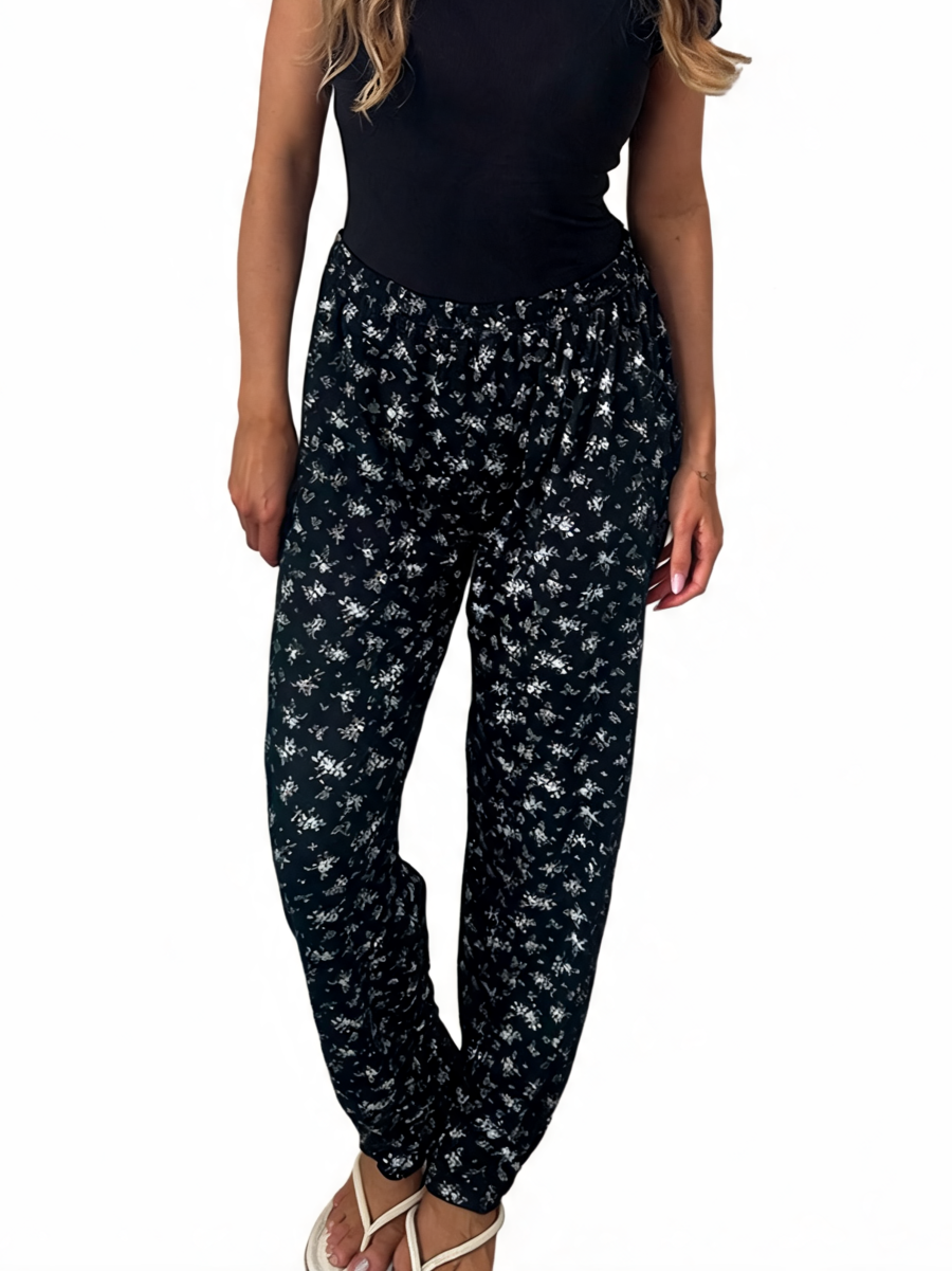 Dames broek met vierkante swirlprint zwart