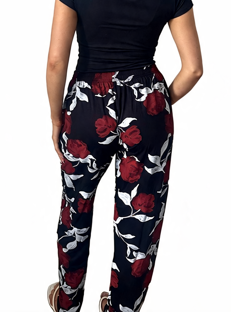 Dames broek met vierkante swirlprint zwart