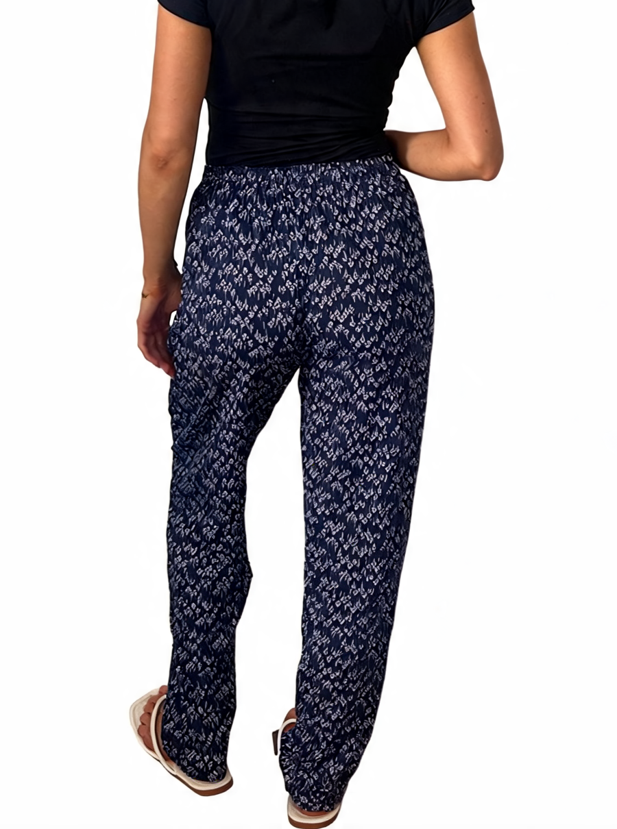 Dames broek met vierkante swirlprint zwart