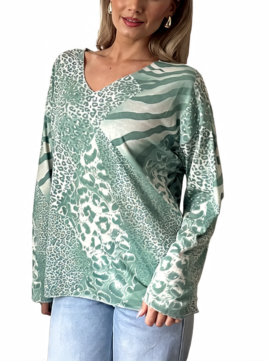 Animal print V-neck long-sleeve top in mint green with leopard and zebra stripes