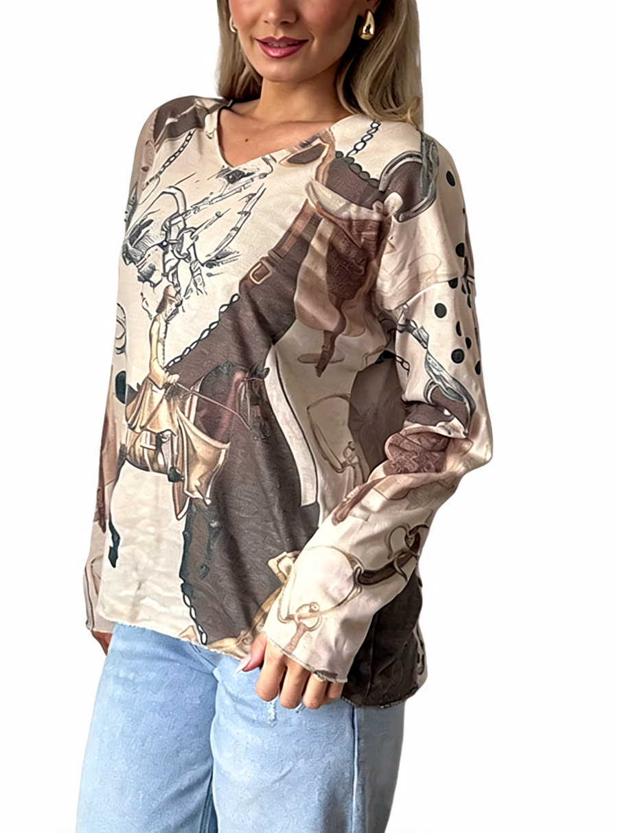 Light beige equestrian print V-neck long-sleeve top with horse rider graphic