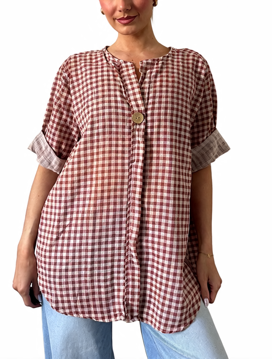 Gingham Check Oversized Linen Relaxed Fit Button-Up Tunic Top