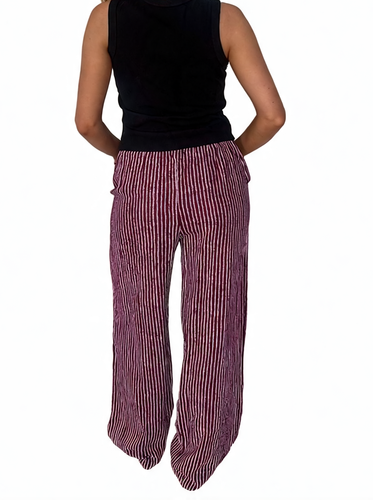Striped wide-leg drawstring trousers with burgundy-and-white vertical stripes, back view