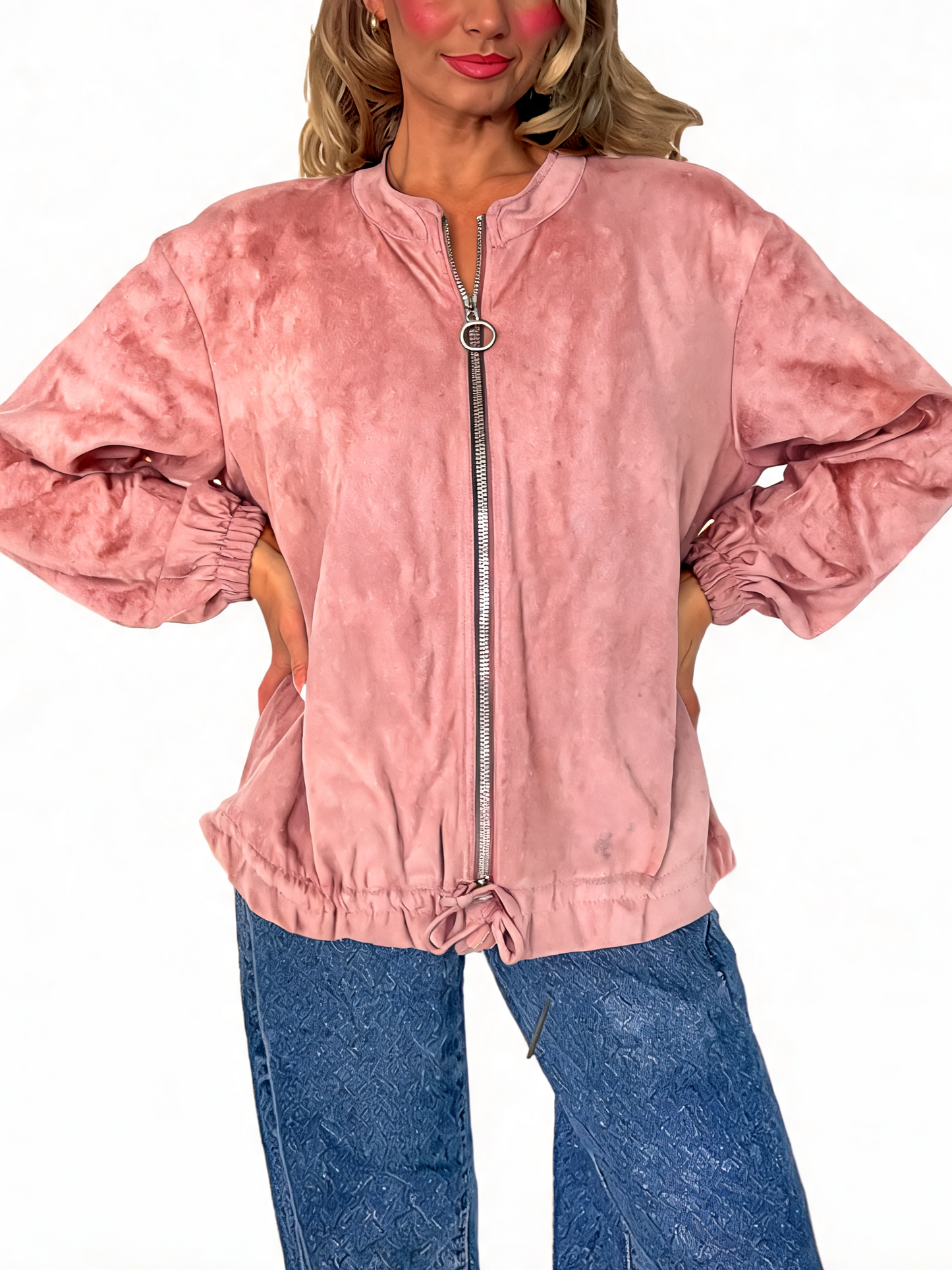 Faux Suede Zip-Up Bomber Jacket with Drawstring Hem