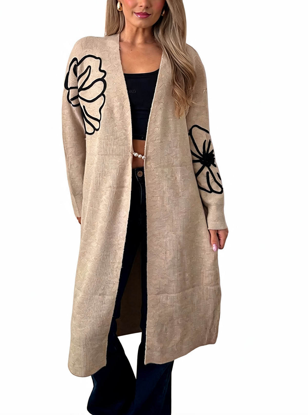 Floral Embroidered Textured Knit Duster with Pearl Clasp Longline Cardigan