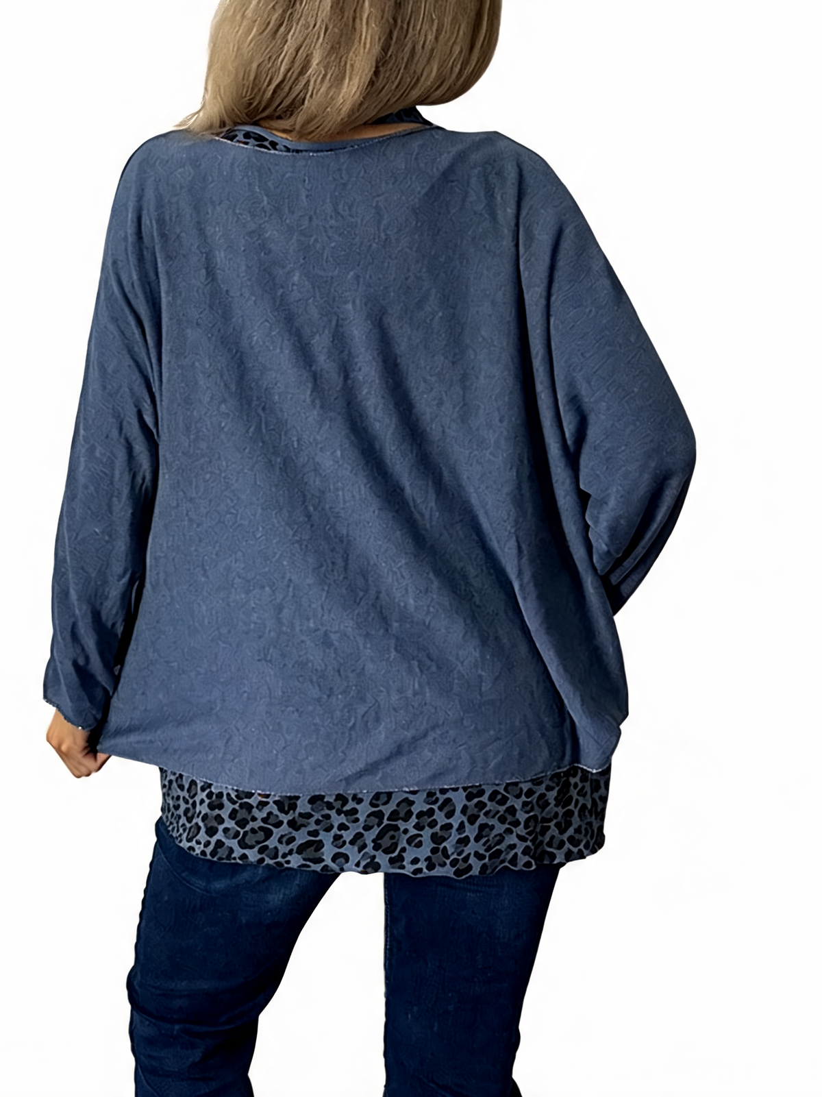 Oversized tunic top in dark blue with leopard-print hem trim, back view