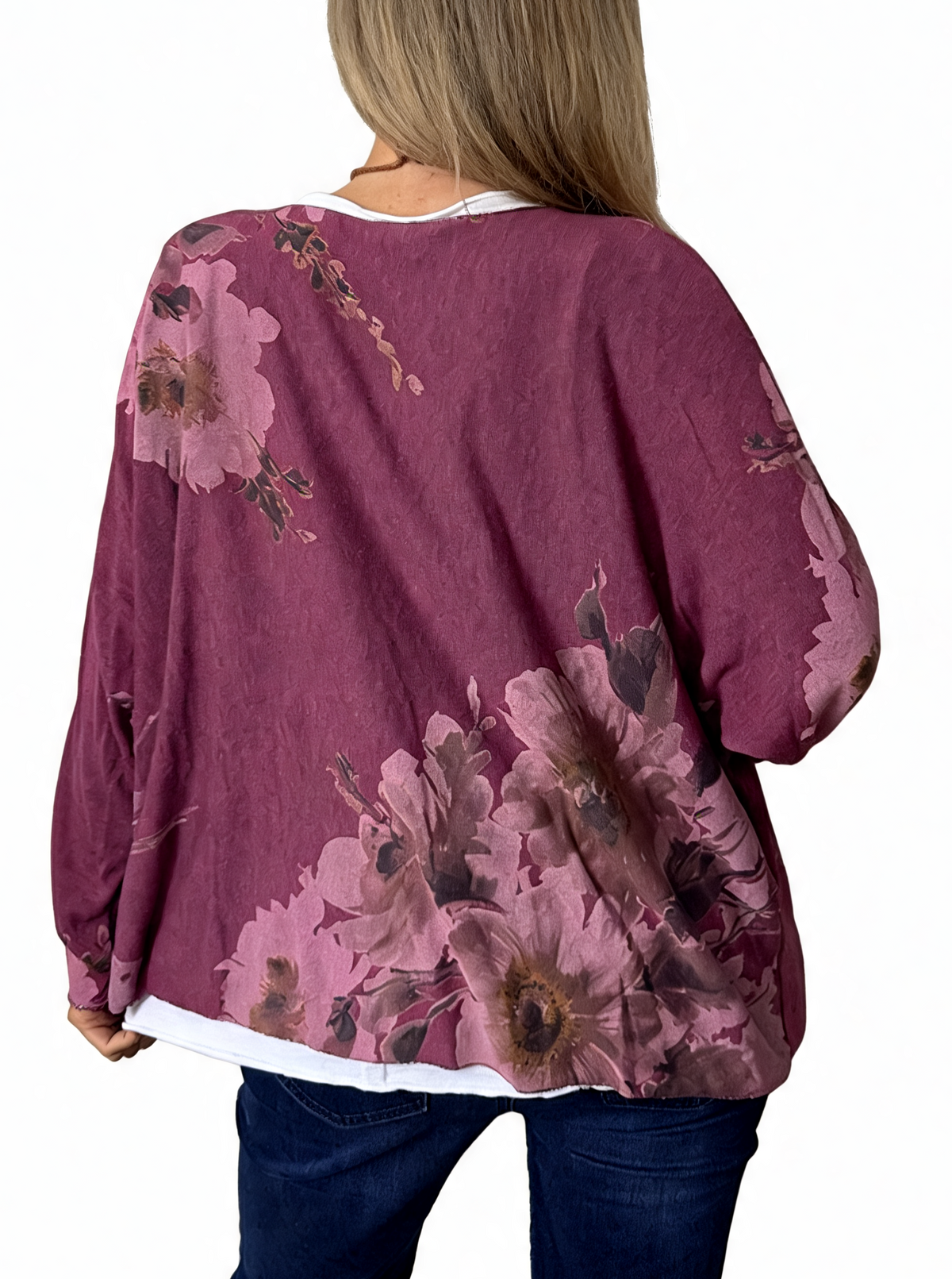 Watercolor Floral Layered-Look Top with Contrast Hem