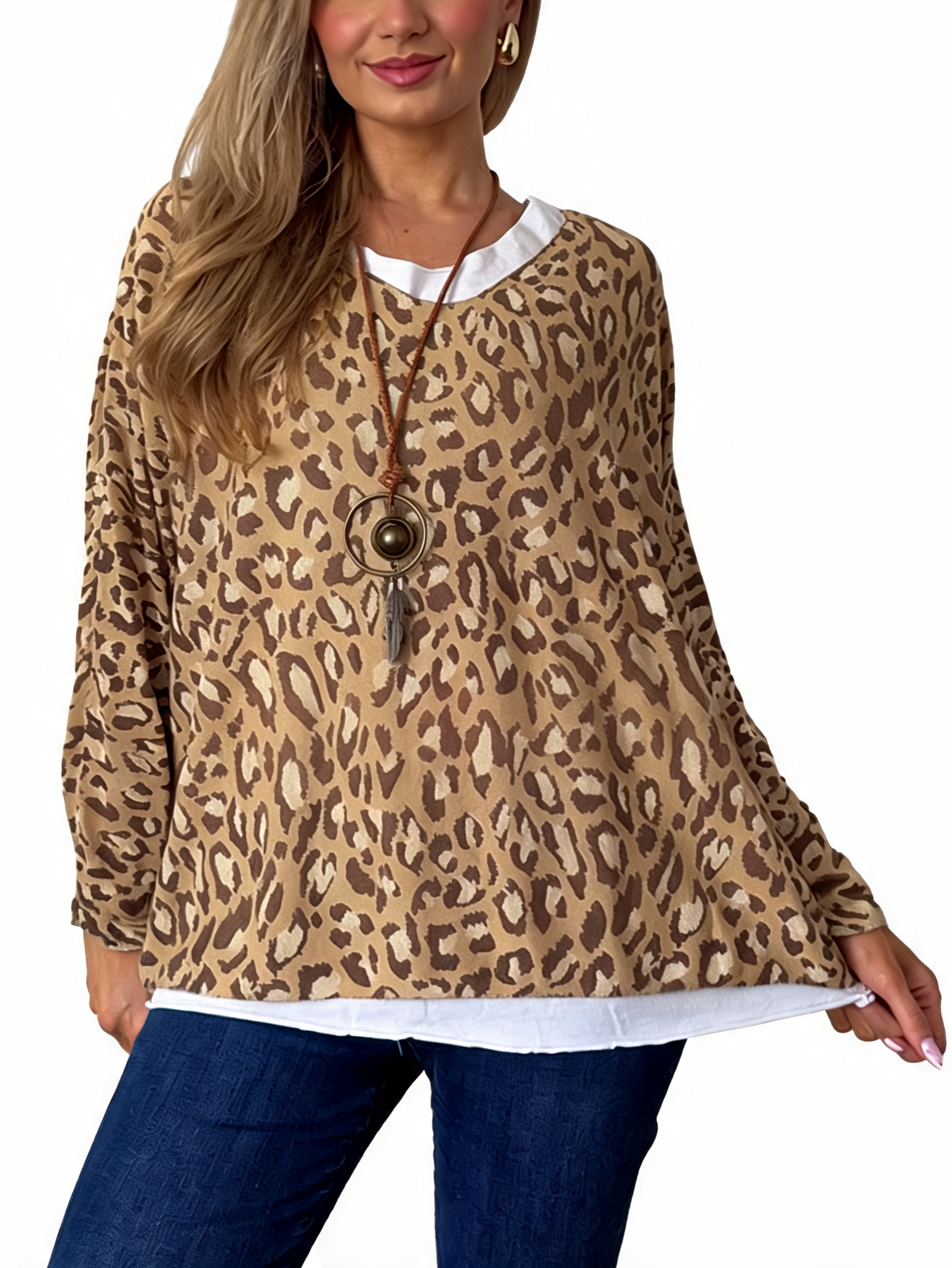 Leopard Print Layered-Look Top with Contrast Hem