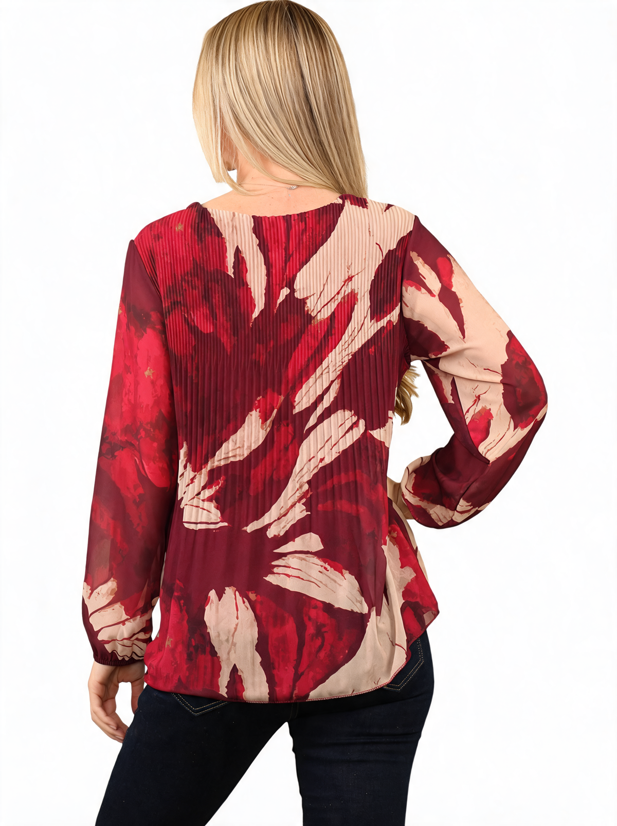 Tropical Print Pleated Long Sleeve Abstract Leaf Top