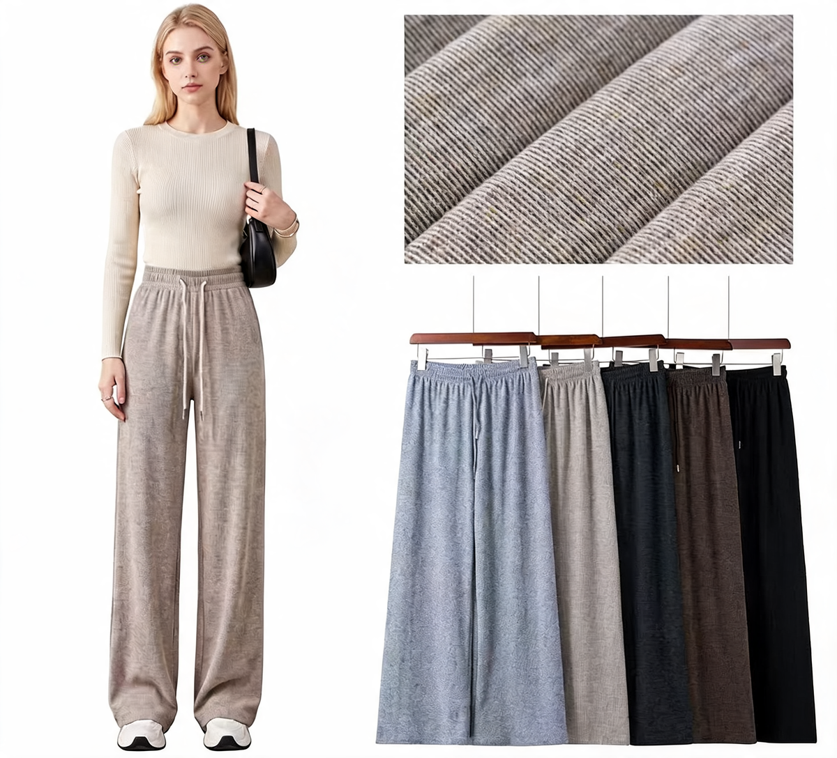 Ribbed Knit Wide Leg Drawstring Elastic Waist Pants